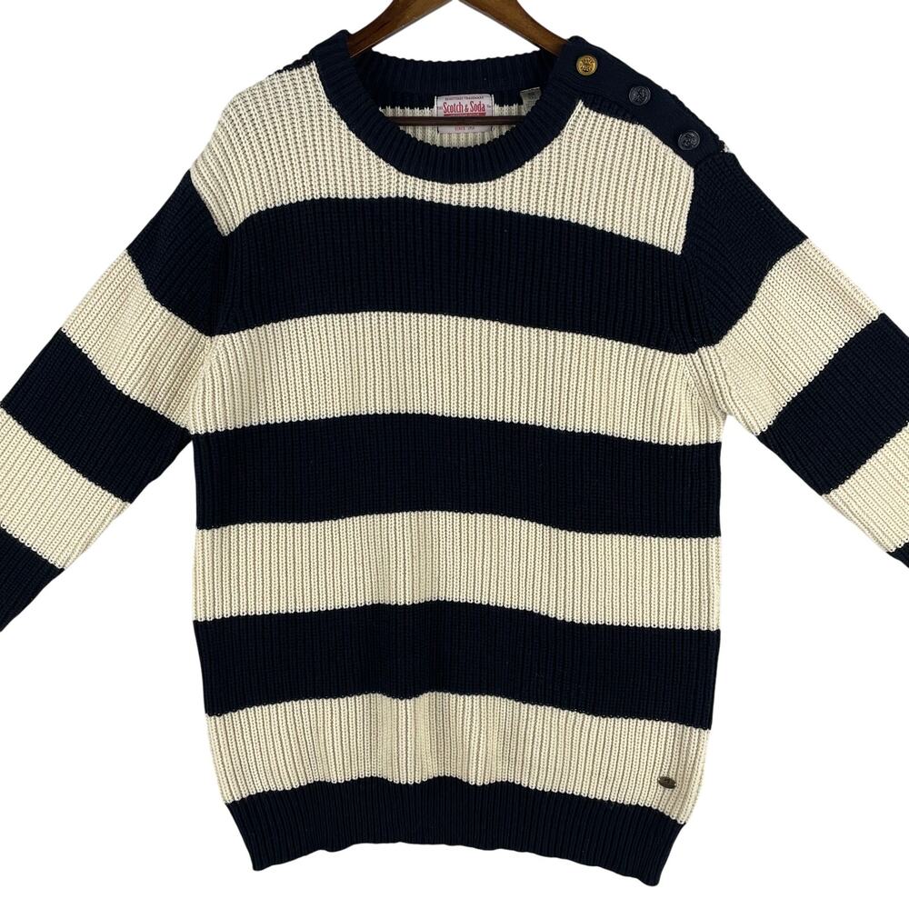 Scotch & Soda Mens XXL Navy/Cream Striped Chunky Knit Pullover Sweater Nautical